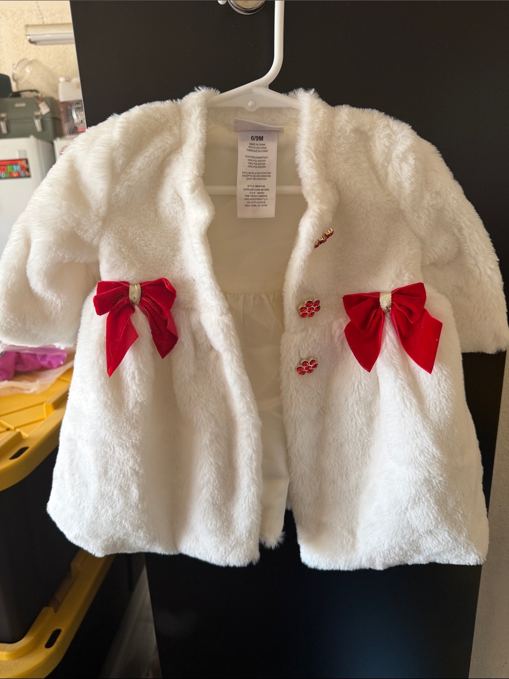 Vintage White Faux Fur Kids Coat with Red Bow Accents 6/9 months